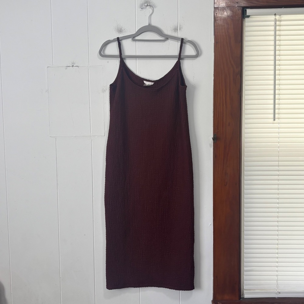 HM Burgundy Crinkle Texture Midi Slip Dress Large Spaghetti Strap Back Slit L